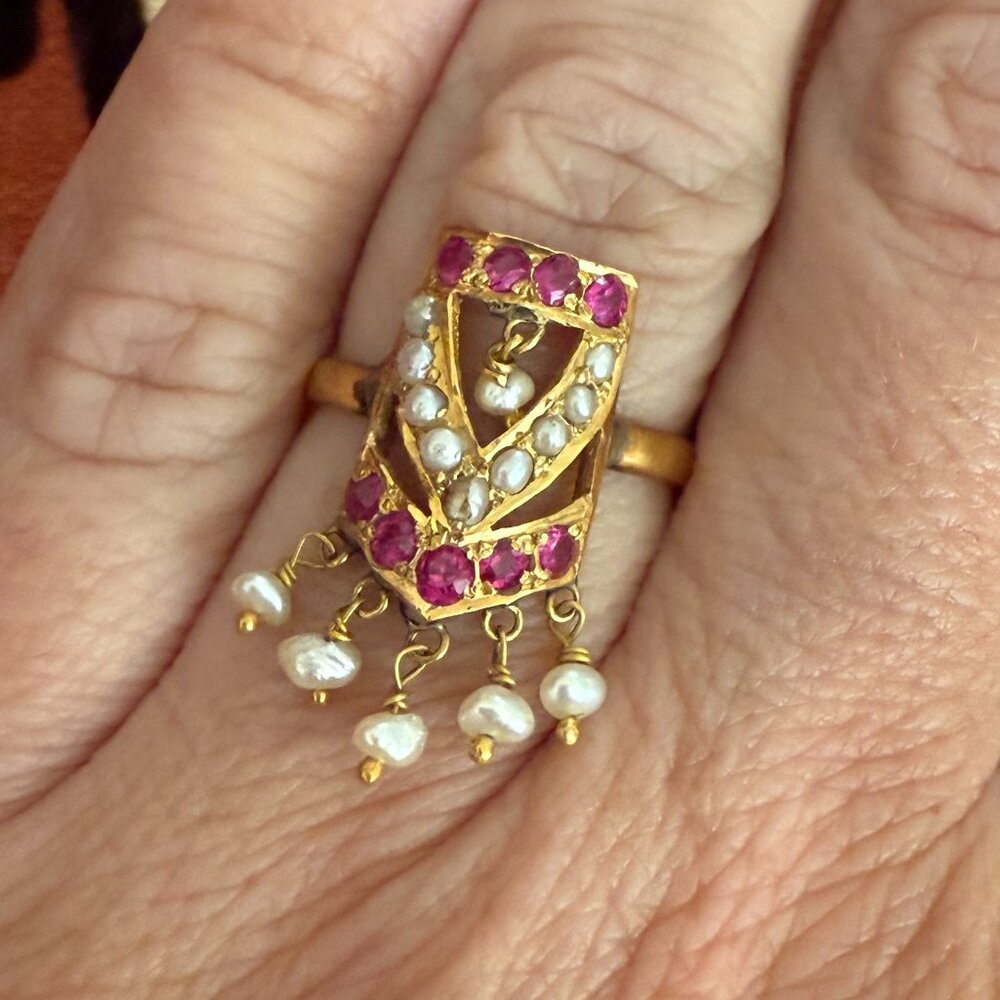 *SOLD* 20k Yellow Gold, Spinel and Cultured Pearl Ring, Size 6 - 6.5, 3.3g